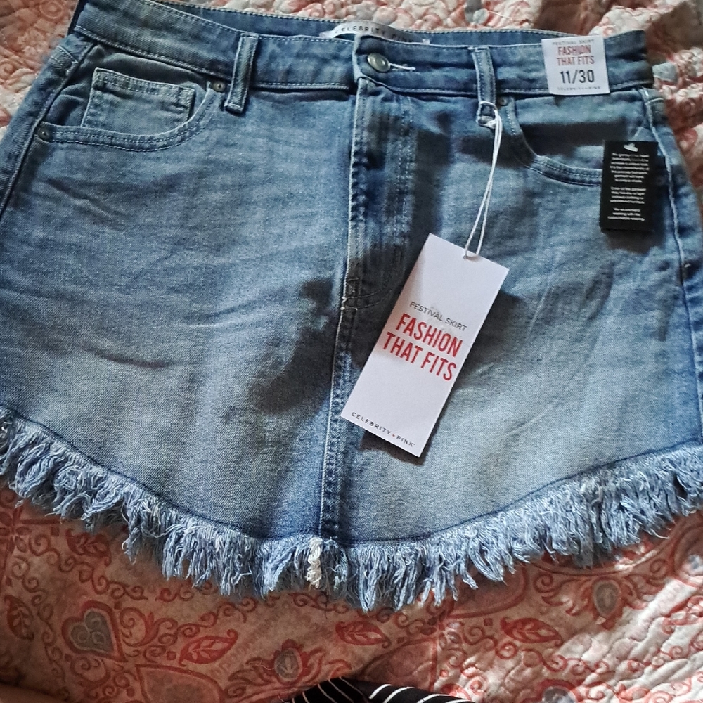 Celebrity Pink Denim Frayed Hem A-Line Skirt